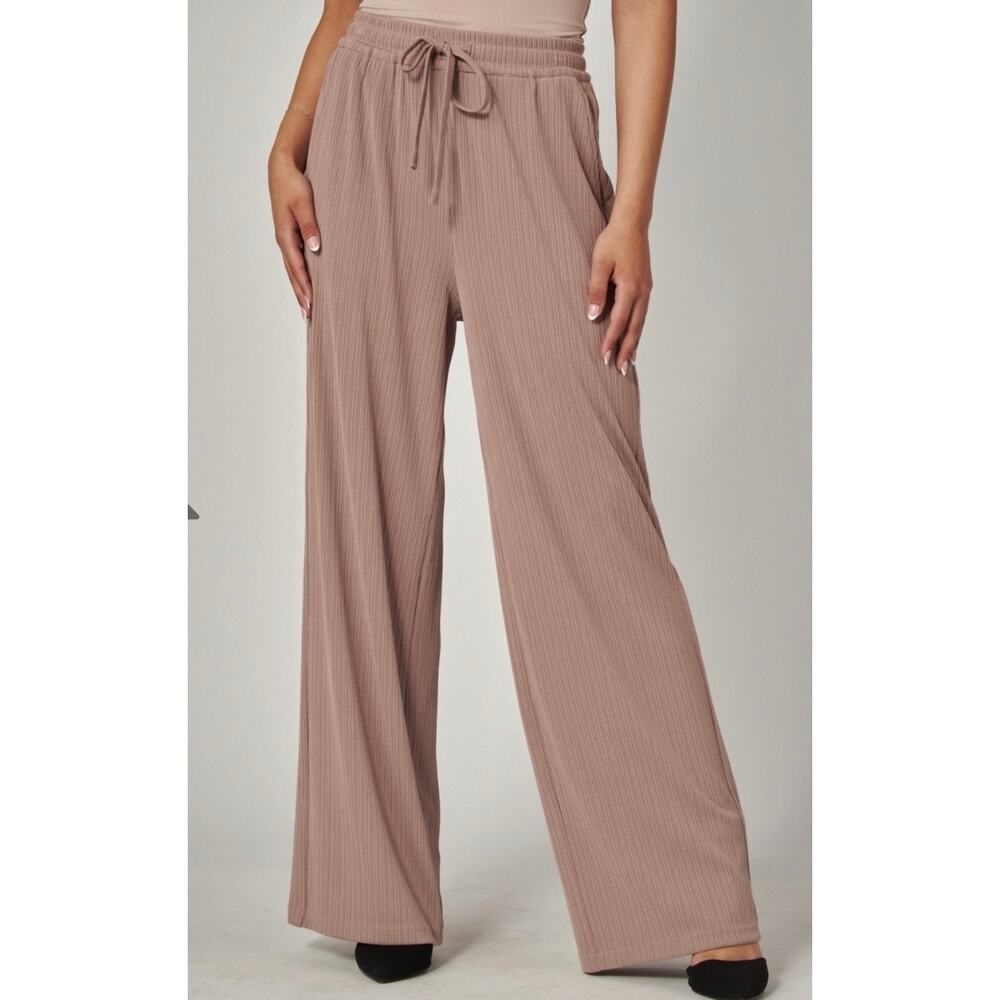 Ribbed High-rise Drawstring Wide Leg Pants - Picture 1 of 8